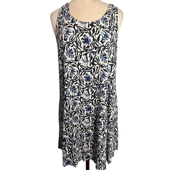 H&M Women's Sleeveless Floral Print Dress Blue & White Size L Summer - Picture 1 of 11
